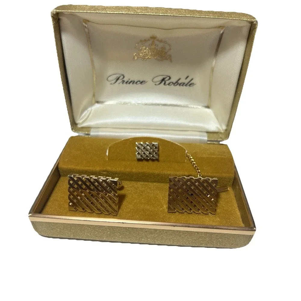 Men's Vintage New In Box Prince Robale Timeless Gold Tone Cuff Links & Tie‎ Pin